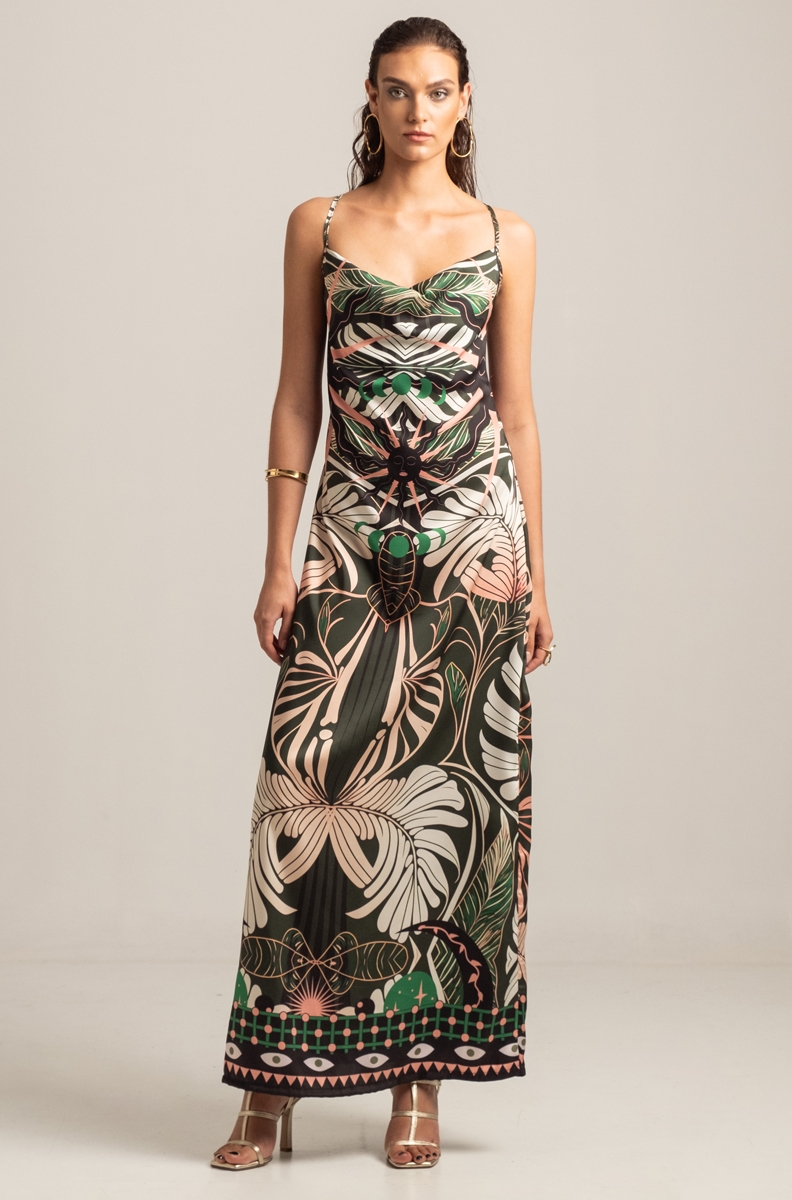 FOLIAGE SILKY DRAPE MAXI DRESS