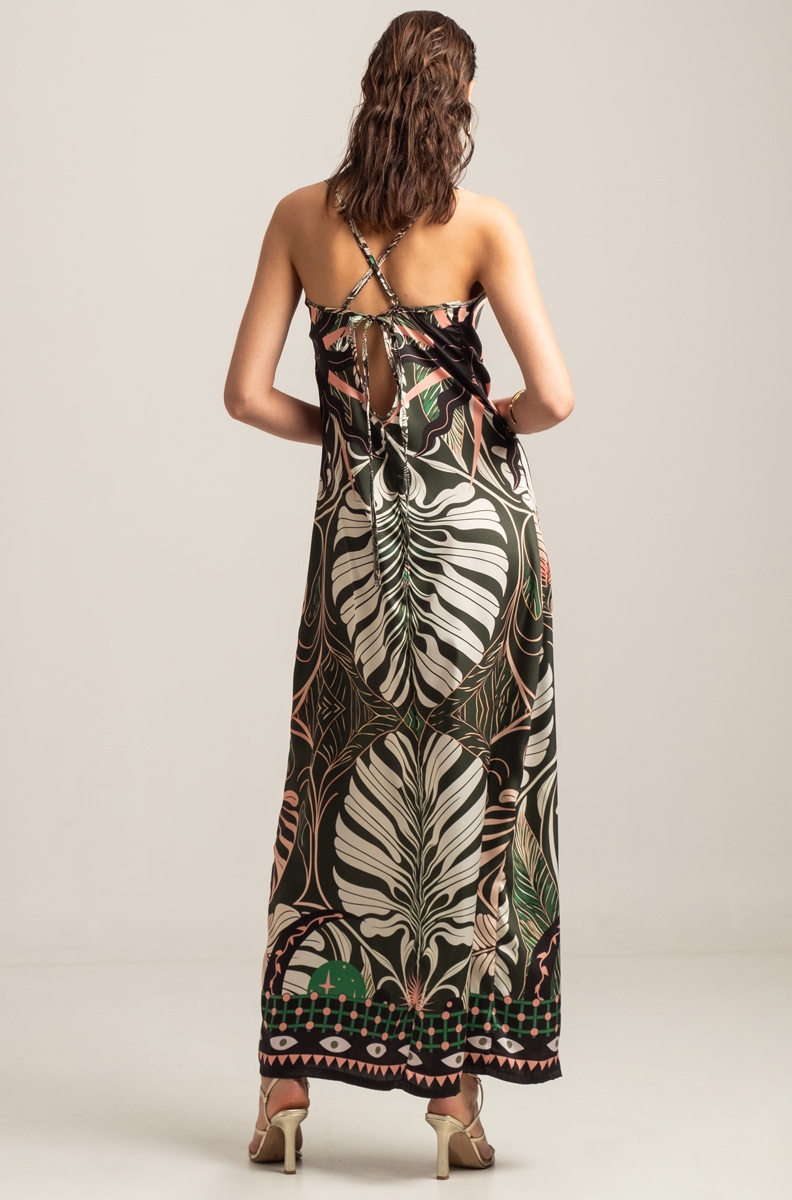 FOLIAGE SILKY DRAPE MAXI DRESS