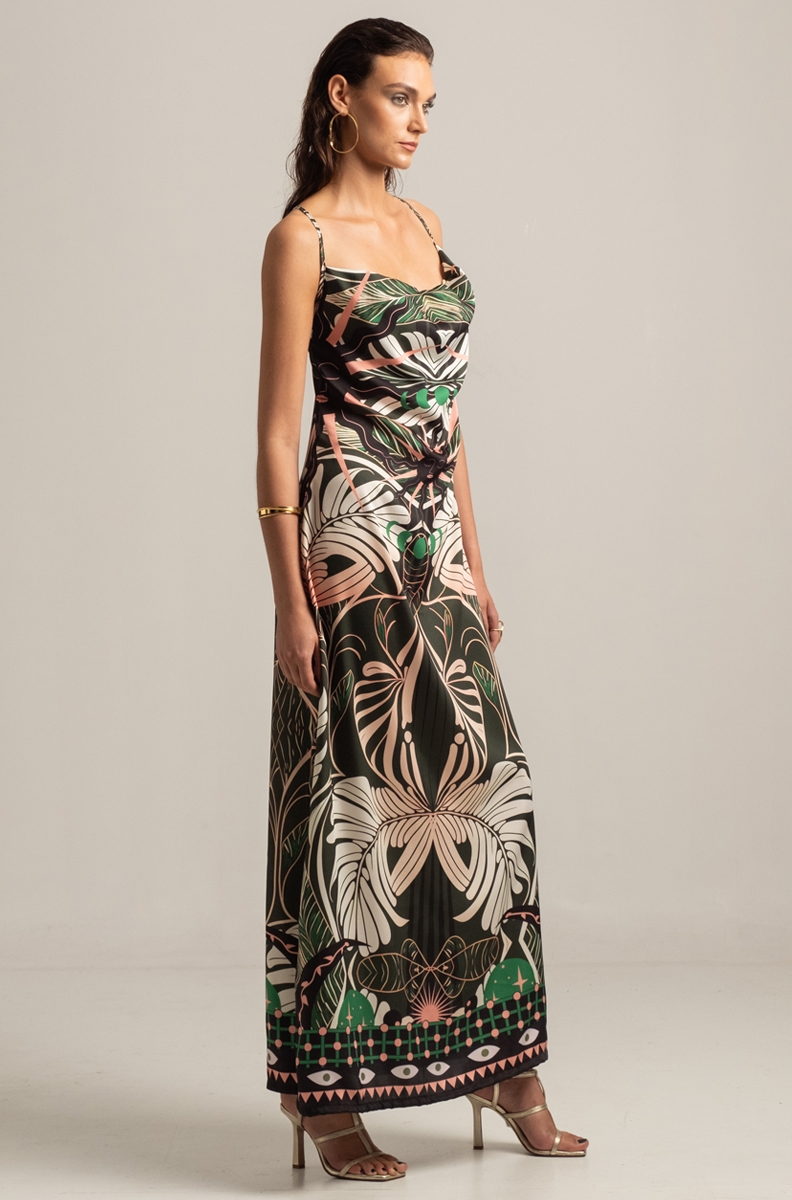 FOLIAGE SILKY DRAPE MAXI DRESS